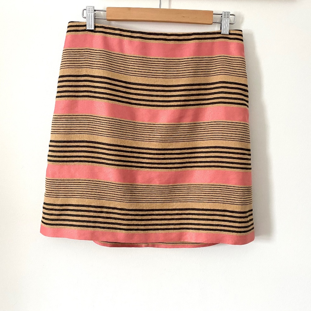 1990’s Anne Taylor Loft Linen Cotton Mini Skirt, Striped Pink, Brown, Beige